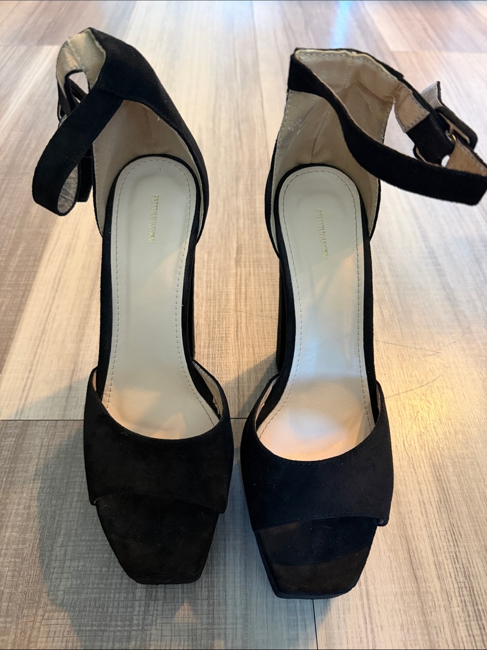PrettyLittleThing Black Suede Square-Toe Ankle-Strap Platform Heels